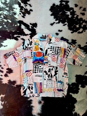 Vintage 90s Renee Adams Womens Multicolor Abstract Button-Down Shirt USA Made M